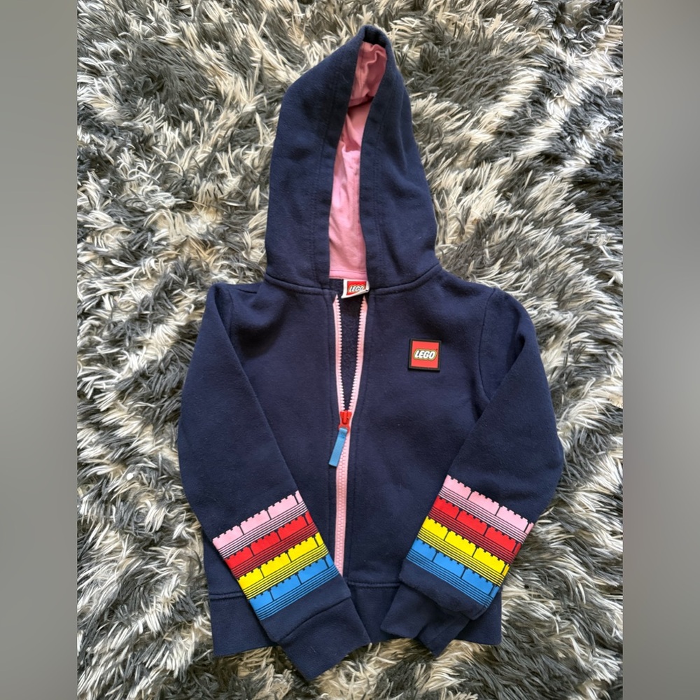 LEGO Kids Navy Hoodie with Multicolor Brick Sleeves size XS 4 EUC
